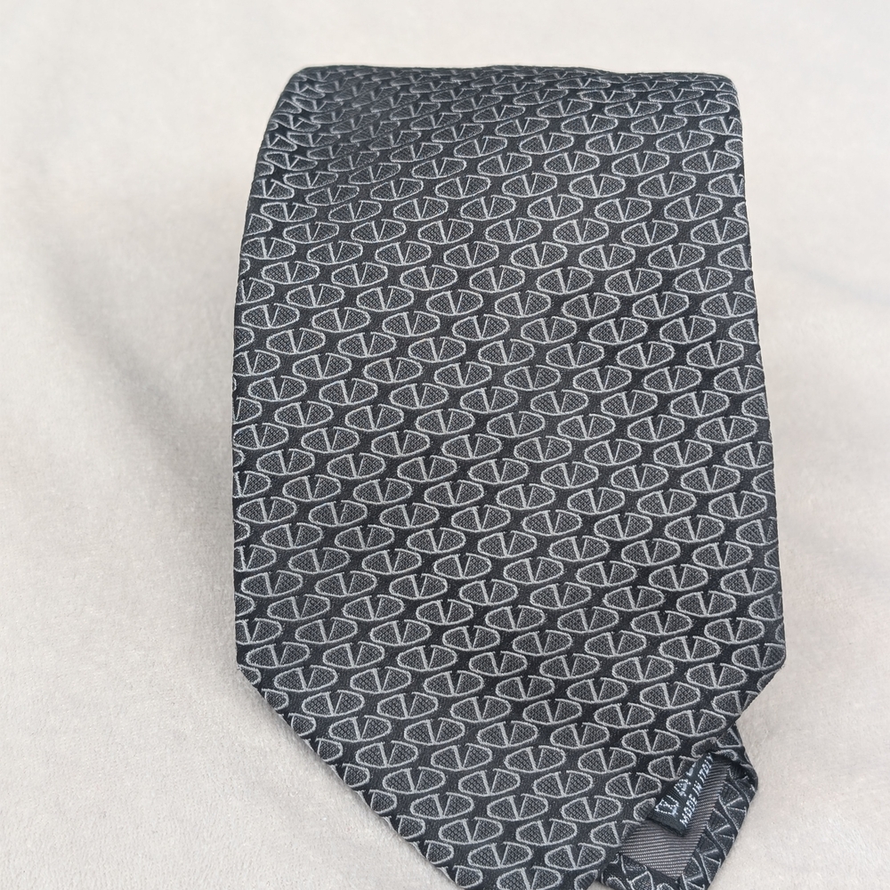 Valentino Black and Gray Silk Geometric Tie